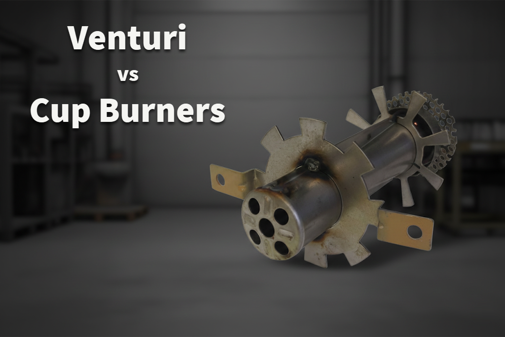 Stainless steel Venturi burner used in radiant tube heaters, comparing Venturi vs cup burner design