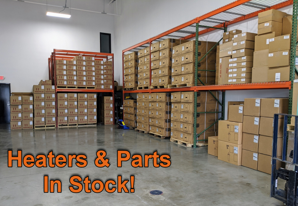 Warehouse shelves stocked with boxed radiant heaters and replacement parts ready for same-day pickup and fast shipping